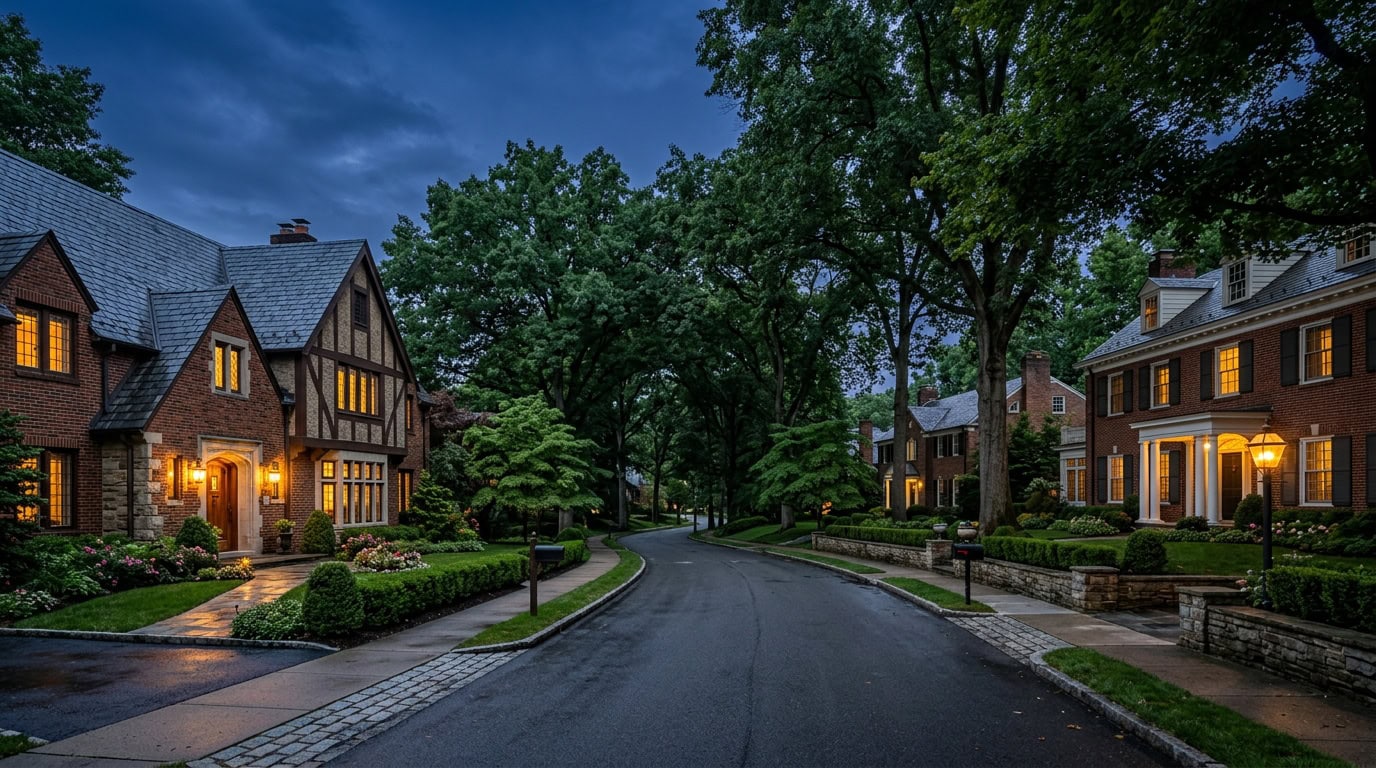 Mount Lebanon, PA — Mount Lebanon at twilight — brick Tudor and Colonial Revival estate homes with mature canopy.