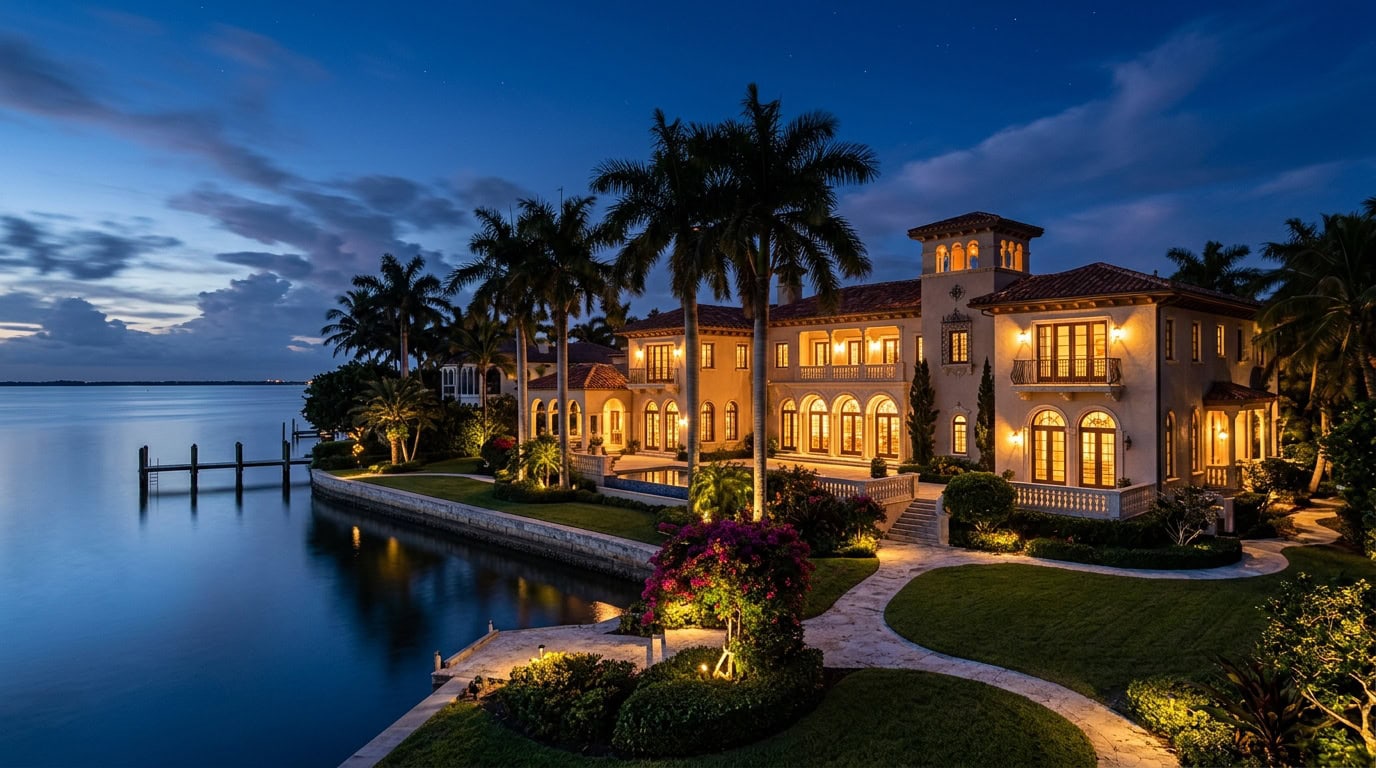 Naples, FL — Naples — Gulf of Mexico waterfront estate with royal palms at twilight.
