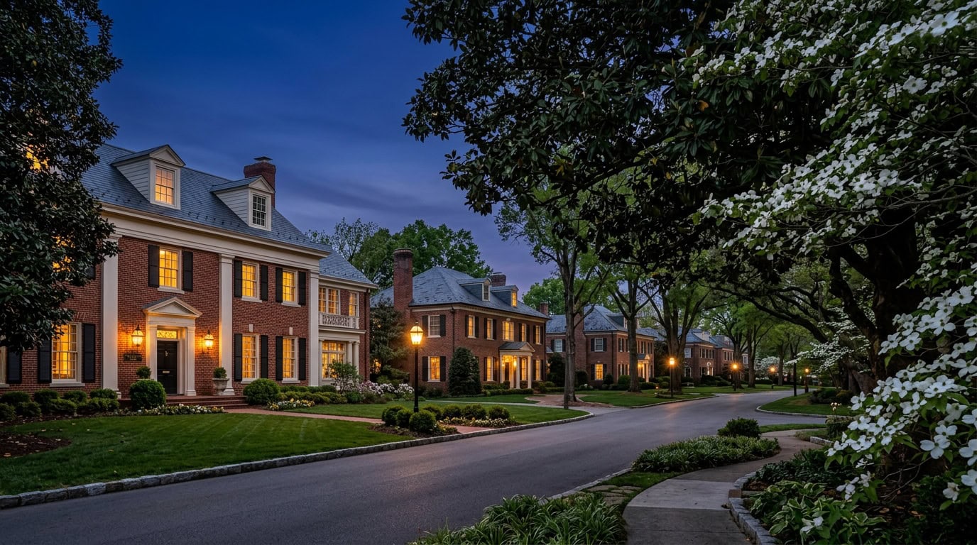 Nashville, TN — Belle Meade at twilight — Southern brick estate homes under mature magnolia canopy.