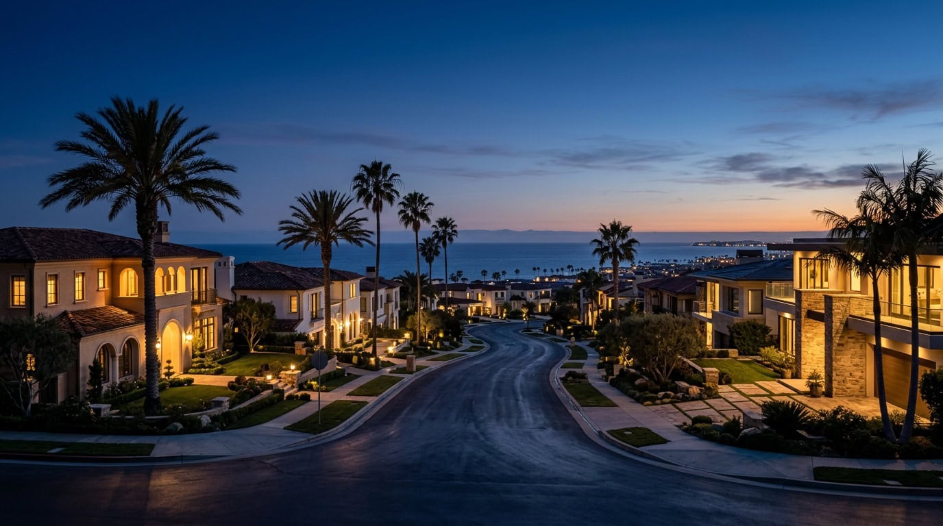 Newport Beach, CA — Newport Beach at twilight — Mediterranean Revival and contemporary estate homes with palm uplighting and Pacific Ocean backdrop.