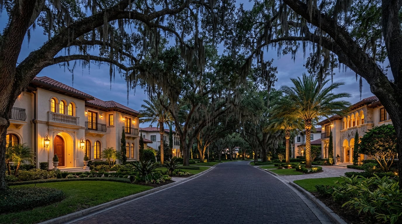 Orlando, FL — Orlando — mature live oak canopy and warm twilight in an upscale residential street.