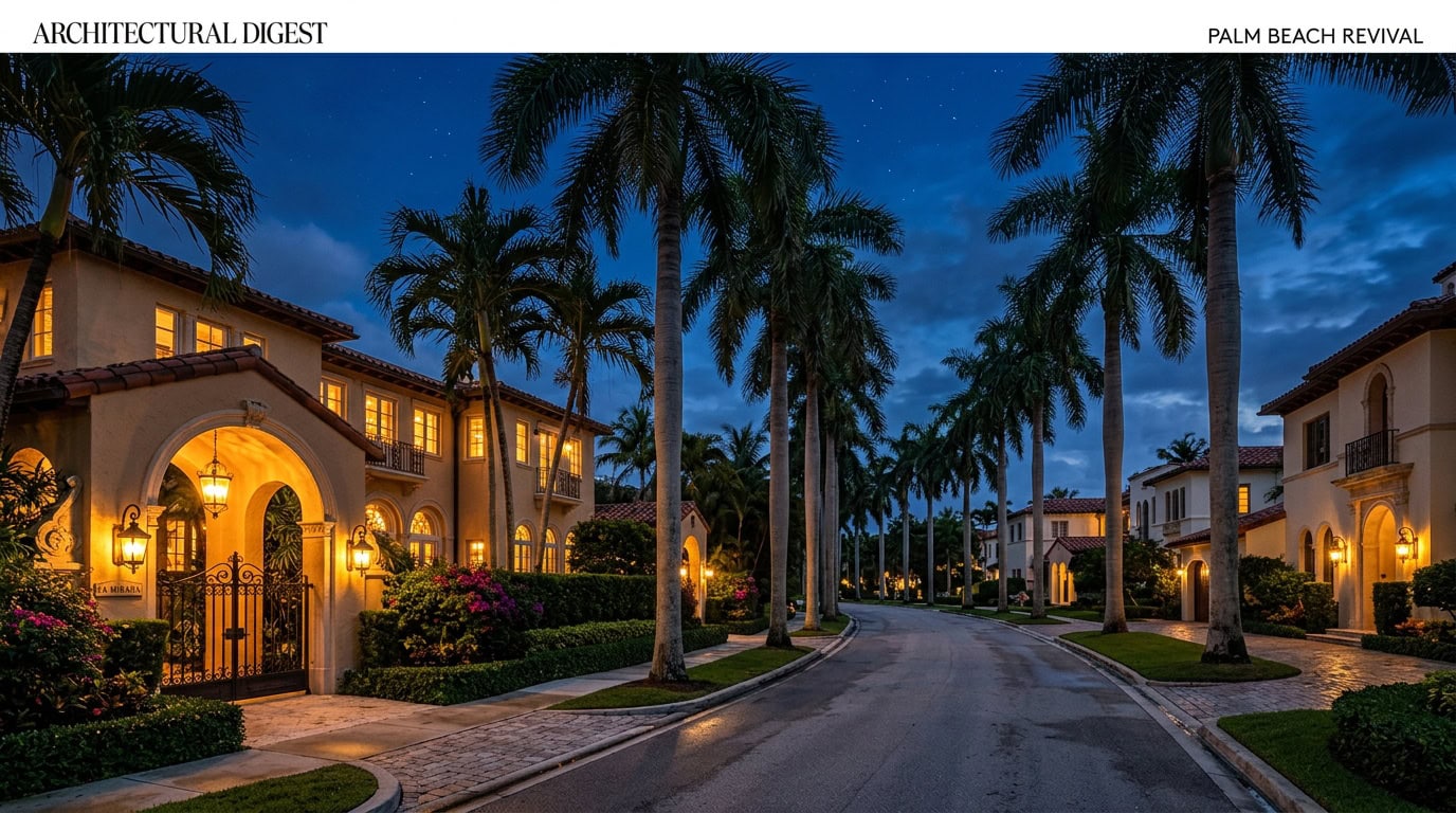 Palm Beach, FL — Palm Beach at twilight — 1920s Addison Mizner Mediterranean Revival estate homes with royal palm canopy.