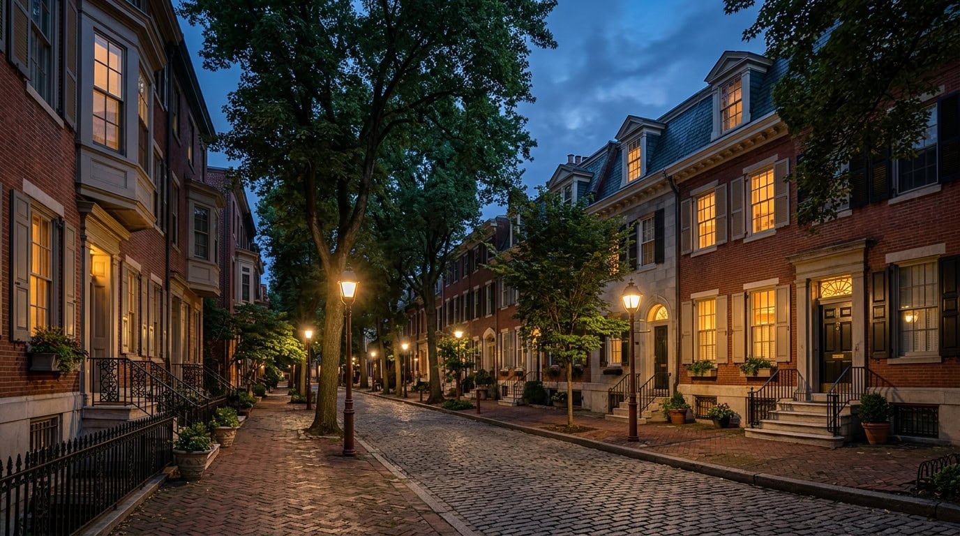 Philadelphia, PA — Rittenhouse Square at twilight — Federal brick townhouses with period gas-lantern streetscape.