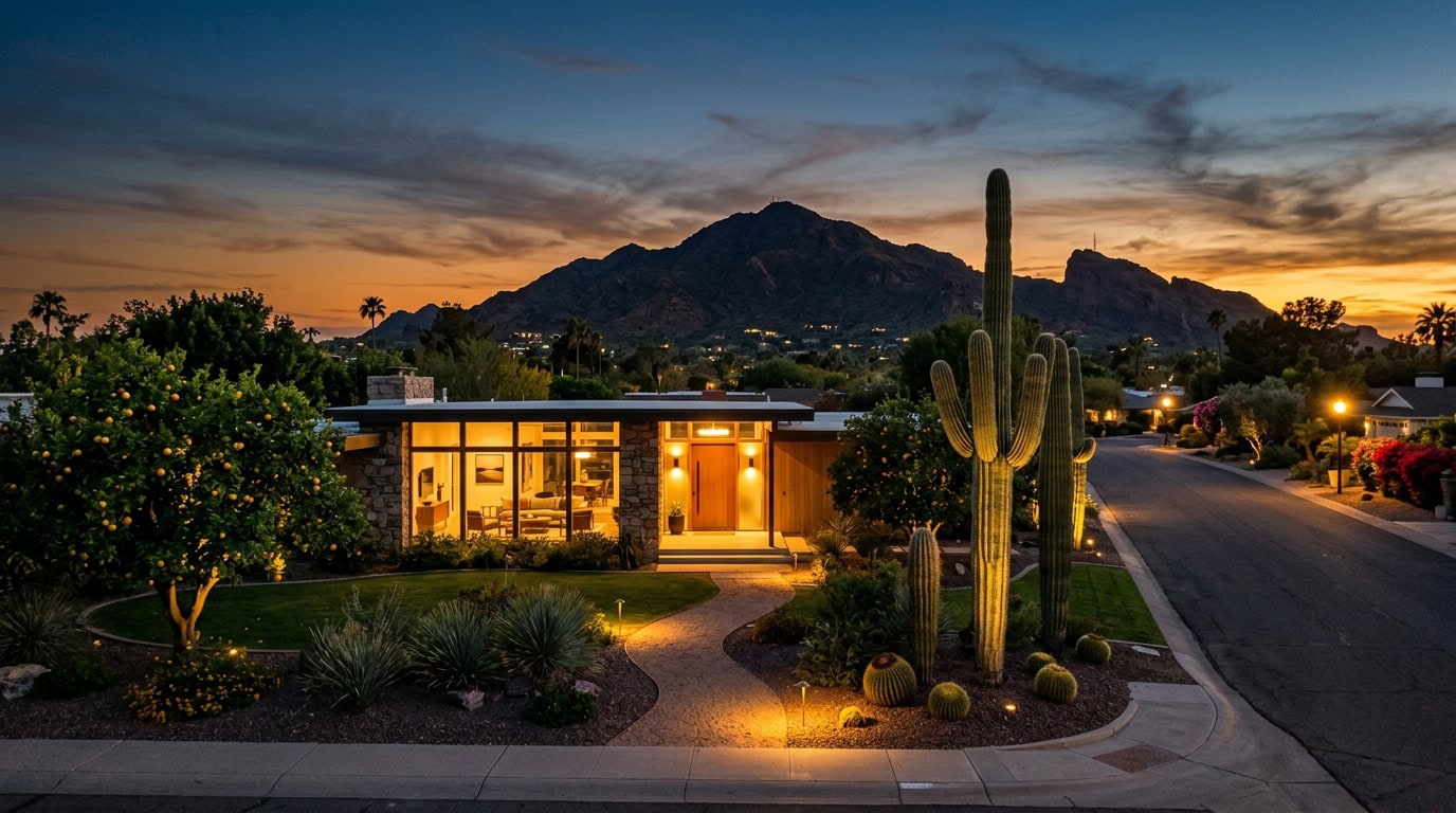 Phoenix, AZ — Phoenix Arcadia neighborhood — Camelback Mountain backdrop and warm desert twilight on ranch-era homes.