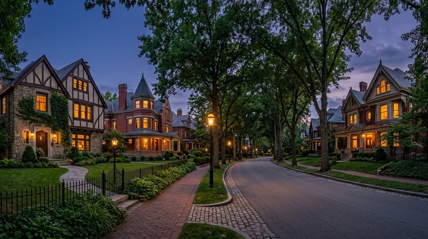 Pittsburgh, PA — Shadyside at twilight — brick Victorian and Tudor estate homes under mature canopy.
