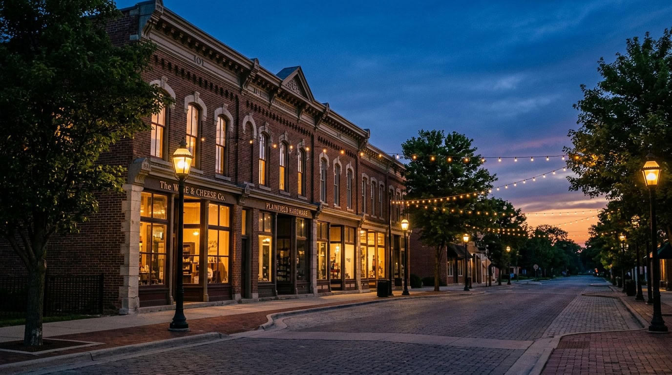 Plainfield, IL — Historic downtown Plainfield along Lockport Street — the 1860s brick storefronts at twilight.