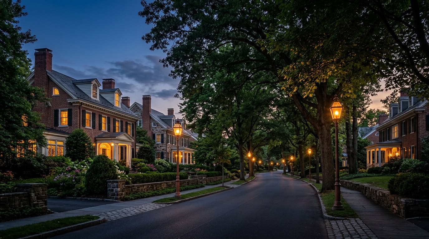 Princeton, NJ — Princeton at twilight — brick Federal and Colonial Revival estate homes with period gas-lantern streetscape.