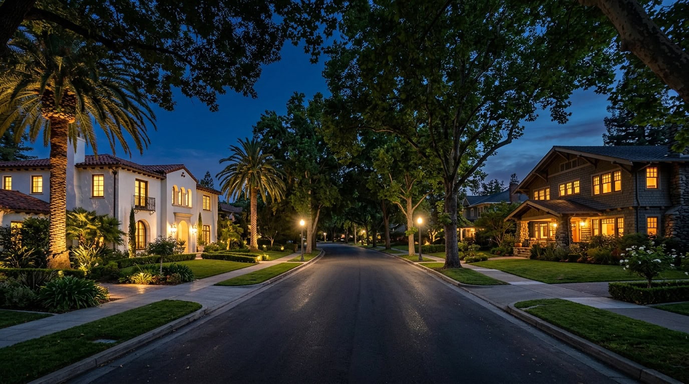 Sacramento, CA — Land Park at twilight — Mediterranean Revival and Craftsman estate homes with mature palm uplighting.