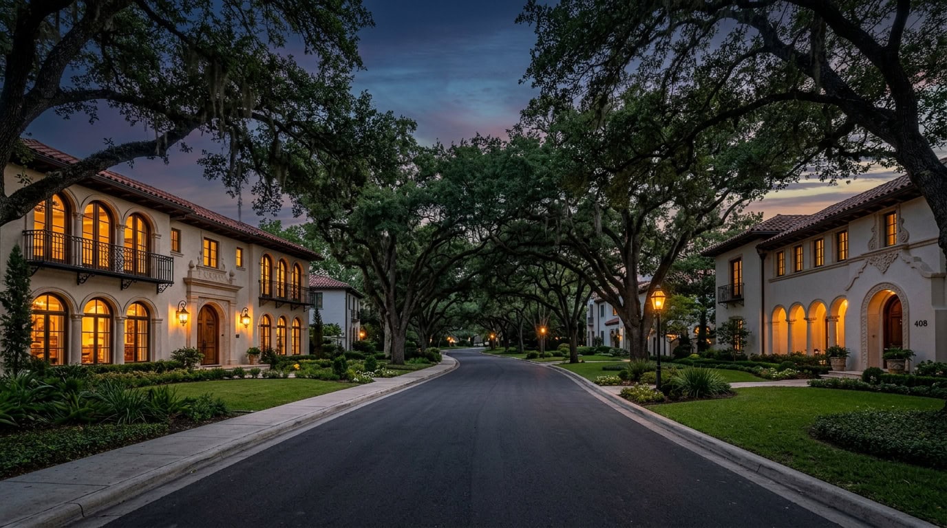 San Antonio, TX — Alamo Heights at twilight — Spanish Colonial Revival and Mediterranean estate homes under mature live oak canopy.