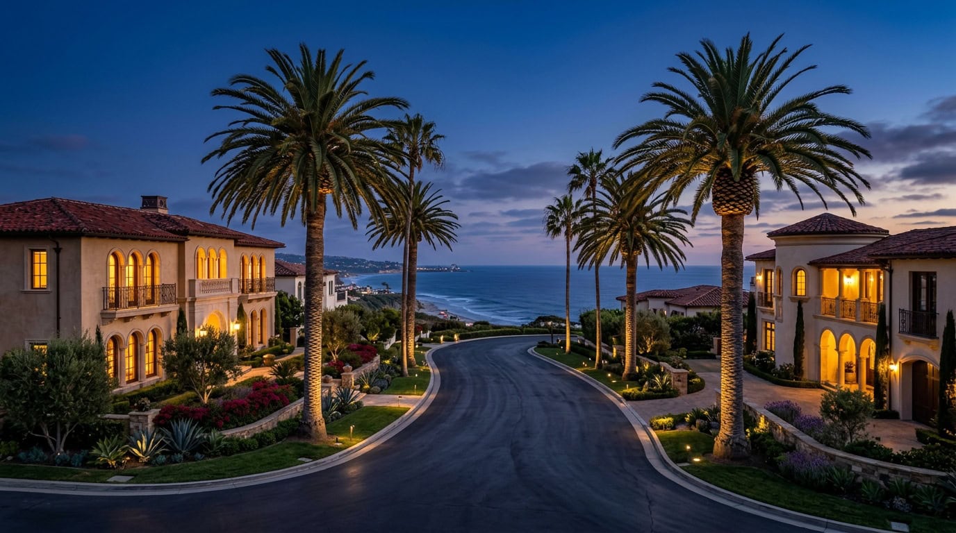 San Diego, CA — La Jolla at twilight — Spanish Colonial Revival estate homes with royal palm uplighting and Pacific Ocean backdrop.
