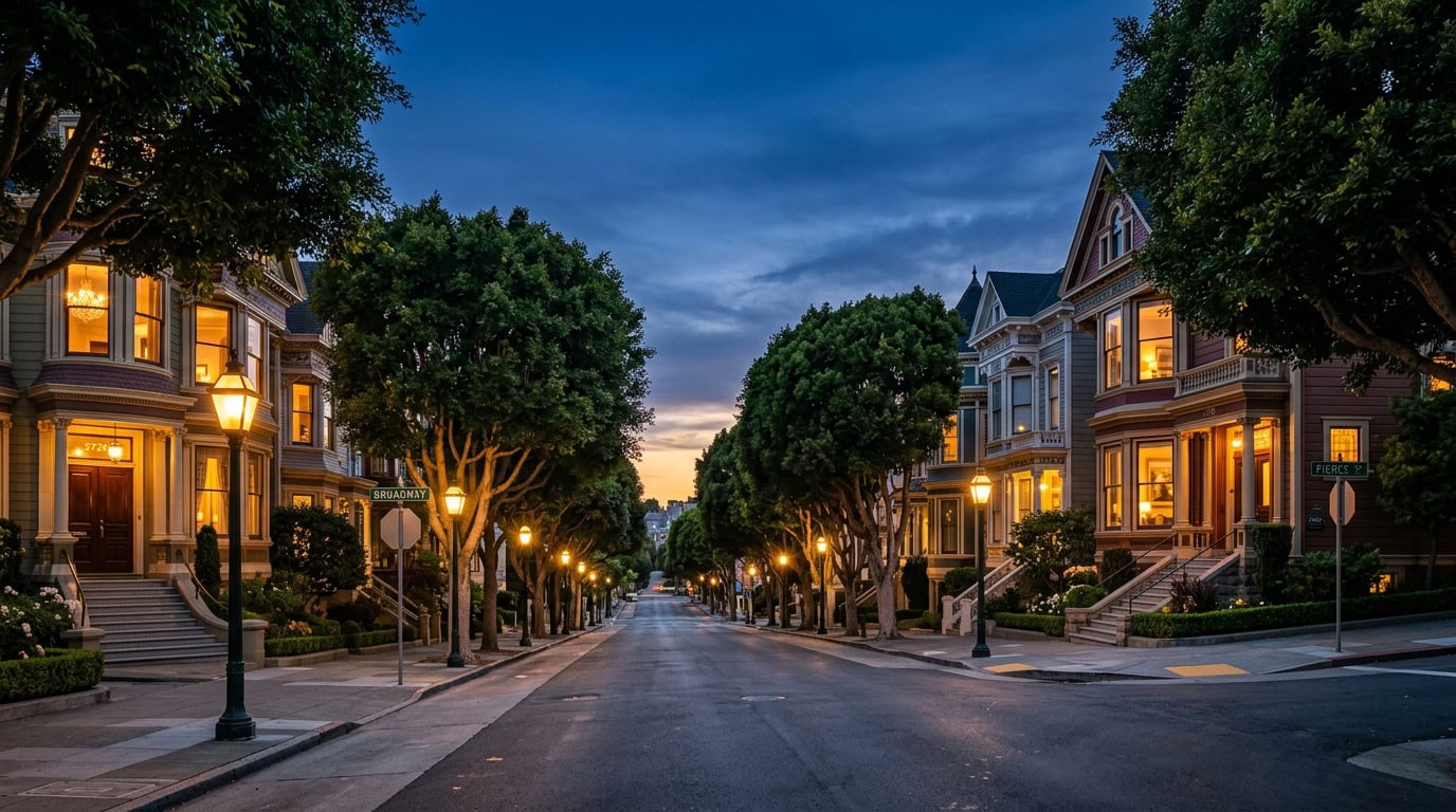 San Francisco, CA — Pacific Heights at twilight — Victorian and Edwardian mansion estates with period gas-lantern streetscape.