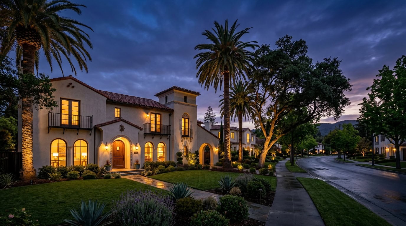 San Jose, CA — San Jose — Willow Glen residential street with Spanish Revival home and mature palms at twilight.