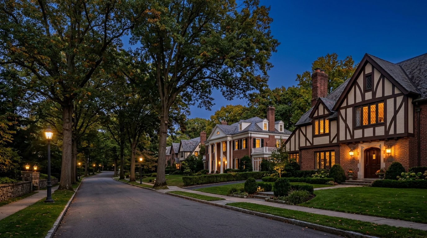Scarsdale, NY — Scarsdale at twilight — Tudor and Colonial Revival estate homes with mature canopy.