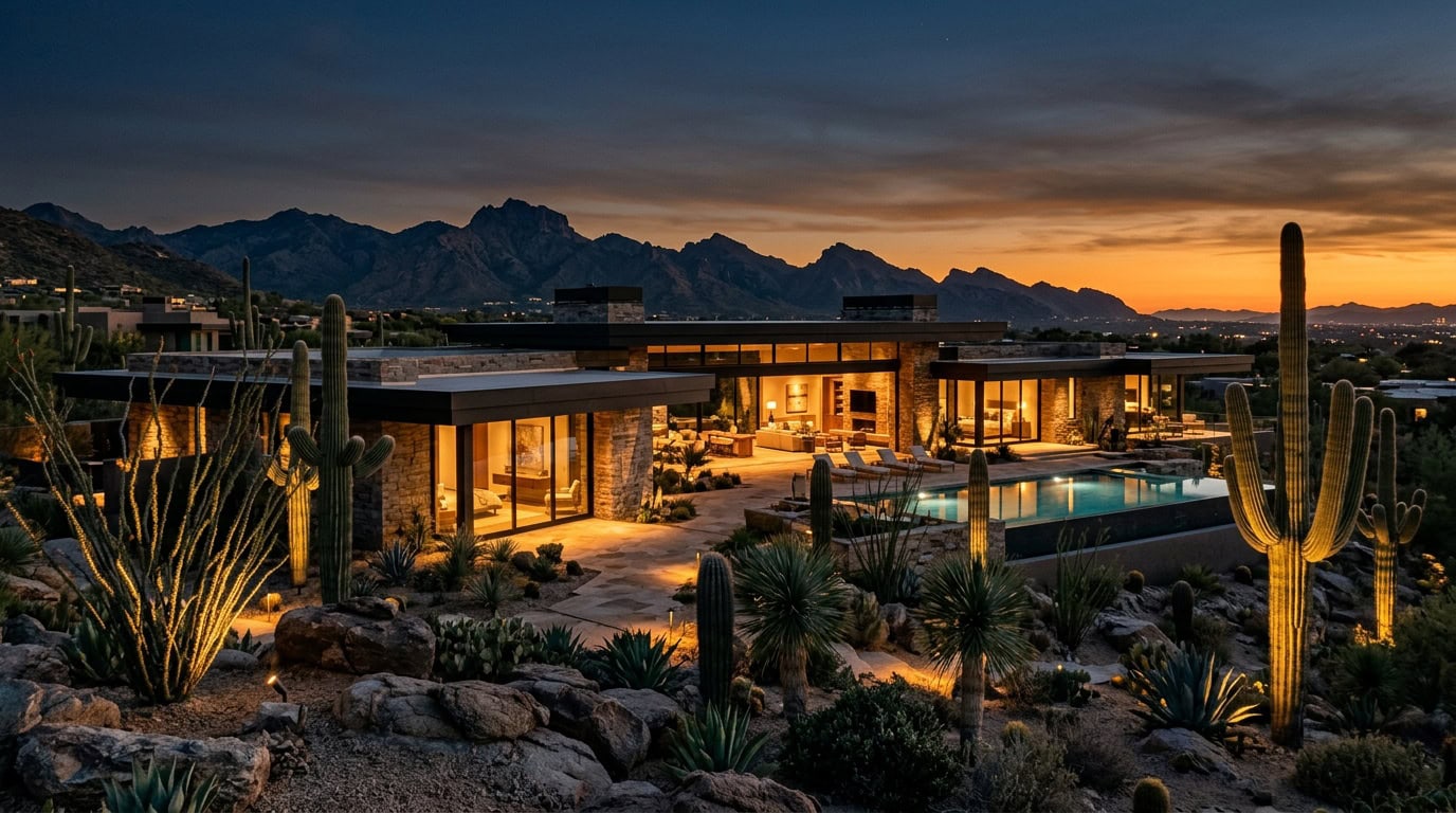 Scottsdale, AZ — Scottsdale Silverleaf — Frank Lloyd Wright-influenced desert modern estate at twilight with McDowell Mountains backdrop.