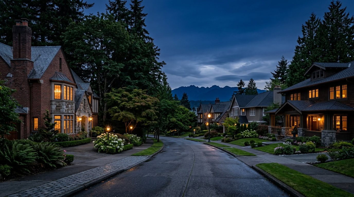 Seattle, WA — Madison Park at twilight — brick Tudor and Craftsman estate homes with mature evergreen canopy.