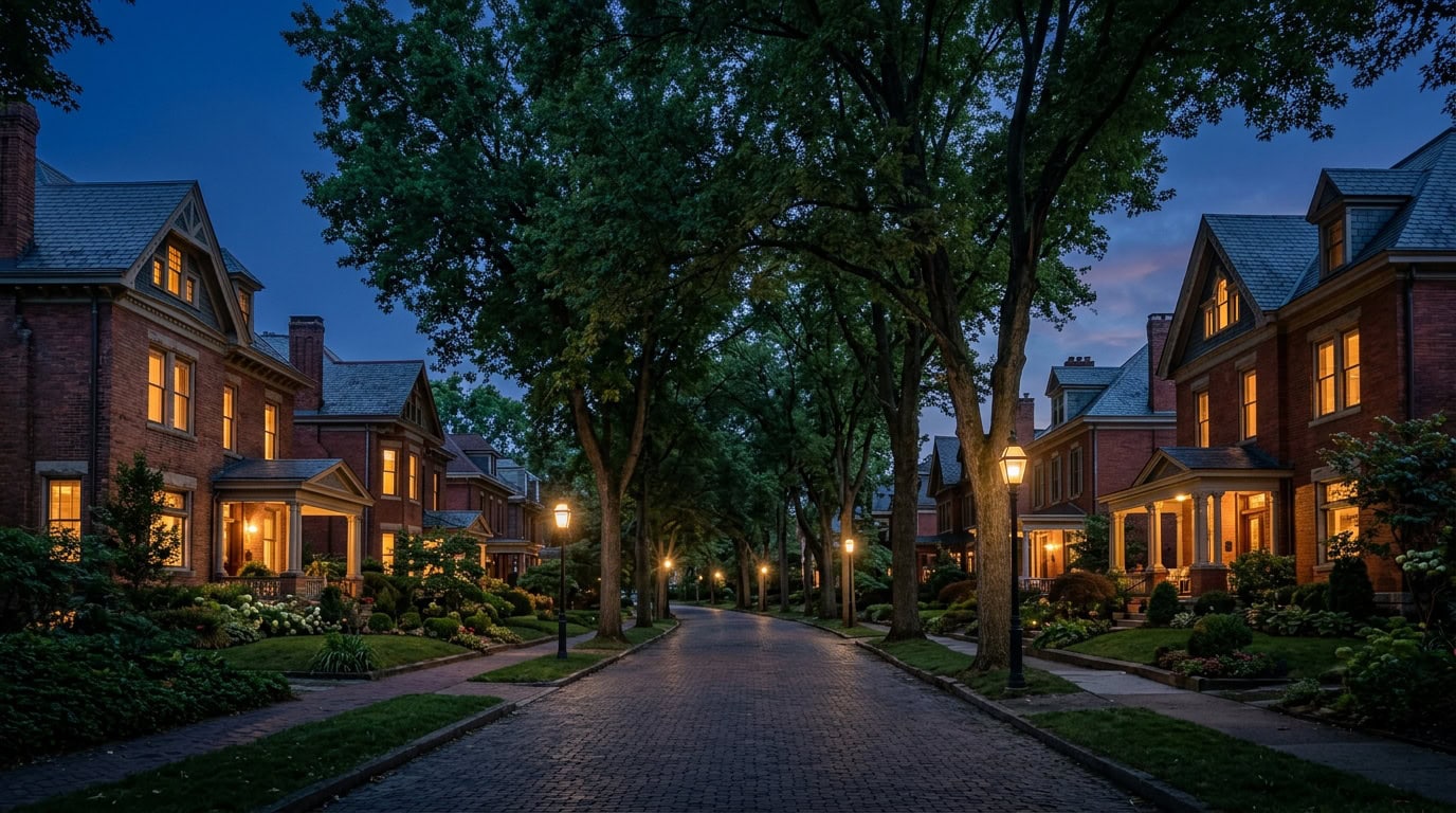 Sewickley, PA — Sewickley at twilight — brick Victorian and Federal estate homes with period gas-lantern streetscape.