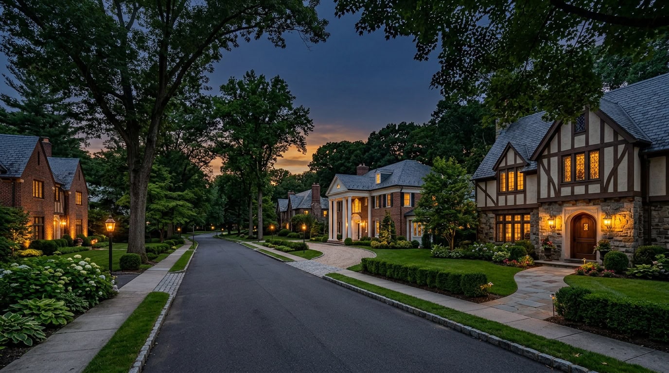 Short Hills, NJ — Short Hills at twilight — Tudor and Colonial Revival estate homes with mature canopy.