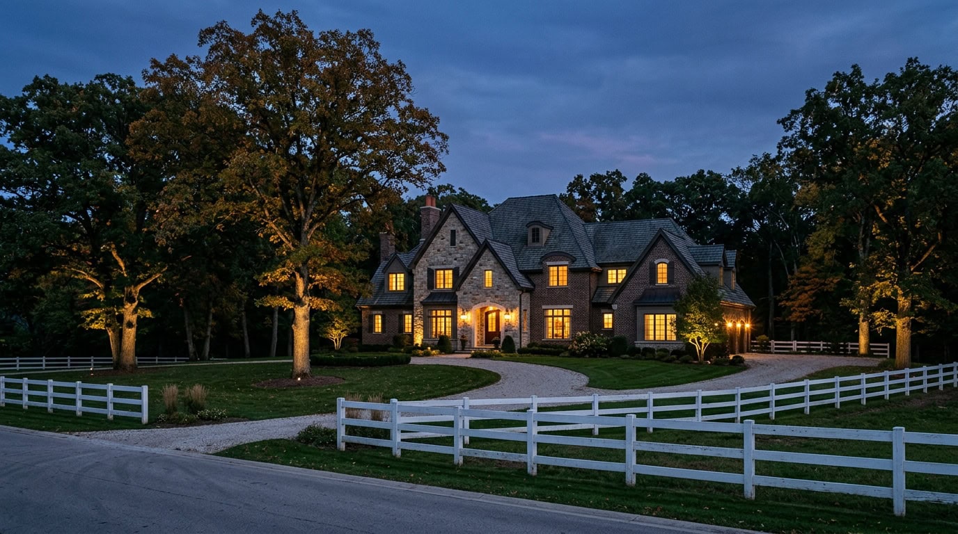 South Barrington, IL — A South Barrington equestrian estate property at twilight — typical large-lot wooded property scale.