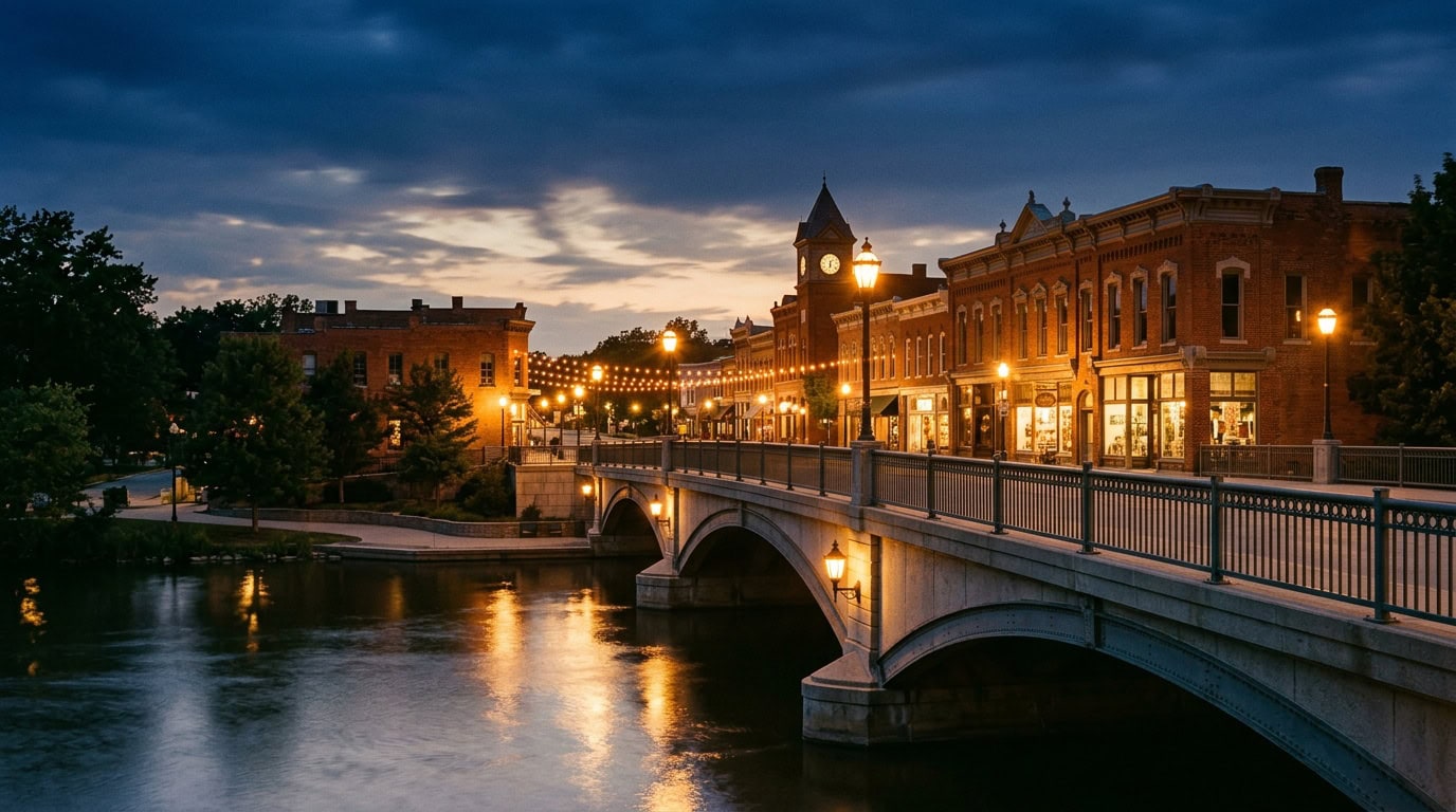 St Charles, IL — Historic St Charles — the Fox River bridge and downtown riverfront at twilight.