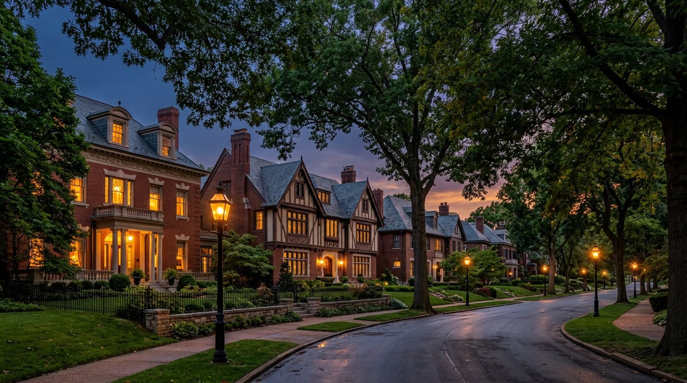 St Louis, MO — Central West End at twilight — brick Tudor and Federal Revival estates with period gas-lantern streetscape.