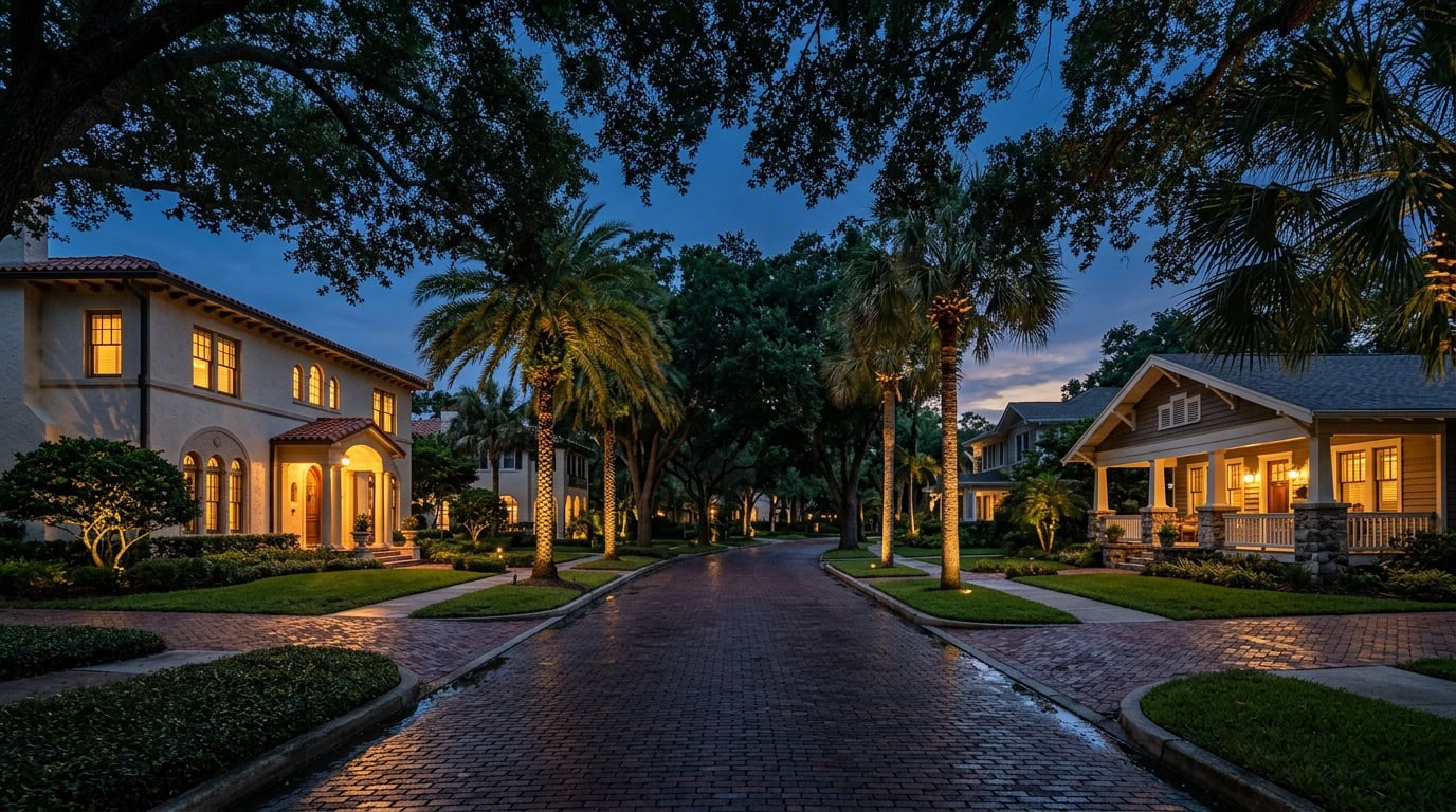 St Petersburg, FL — Old Northeast at twilight — brick Mediterranean Revival and Craftsman estate homes with mature canopy.
