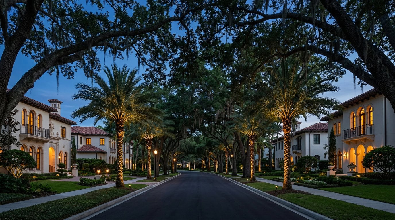 Tampa, FL — Hyde Park at twilight — Mediterranean Revival estate homes with mature live oak canopy and royal palm uplighting.