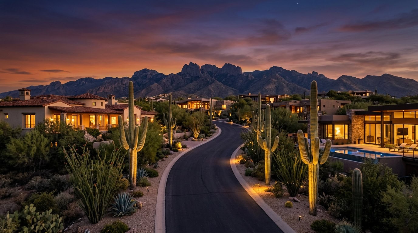 Tucson, AZ — Tucson Foothills at twilight — Spanish Colonial Revival and Desert Modern estate homes with saguaro silhouettes and Catalina Mountain backdrop.