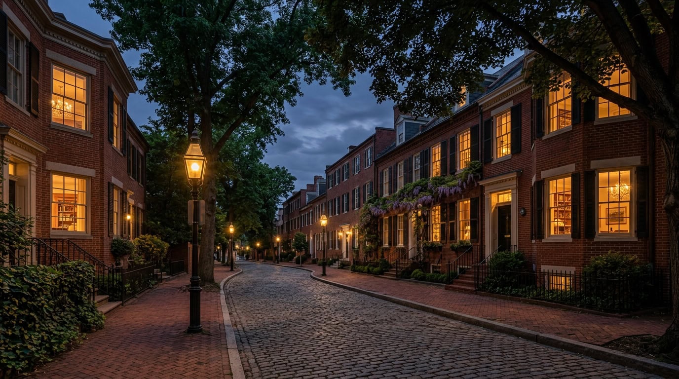 Washington, DC — Georgetown at twilight — Federal-style brick townhouses with period gas-lantern streetscape.