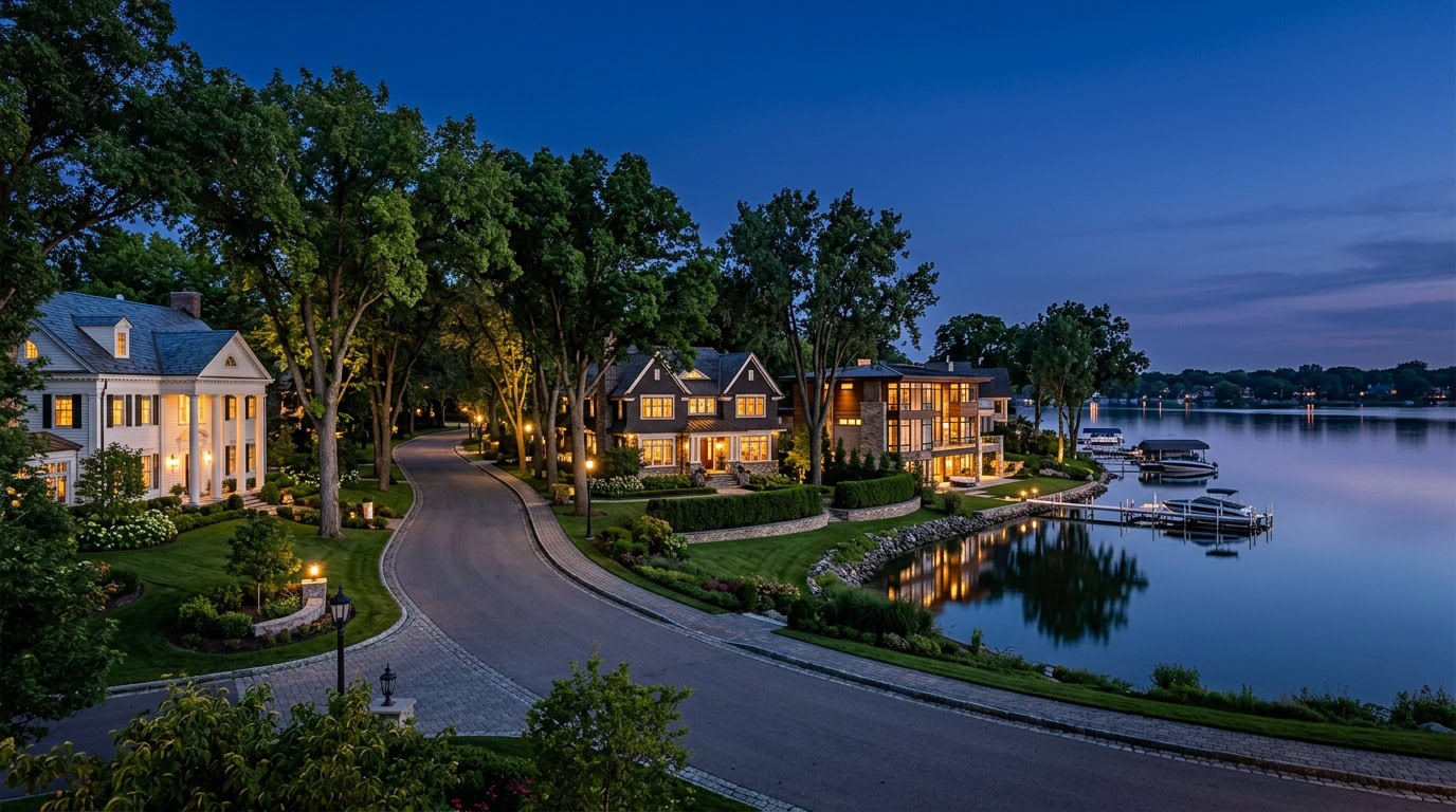 Wayzata, MN — Wayzata at twilight — Colonial Revival and contemporary estate homes with Lake Minnetonka backdrop.