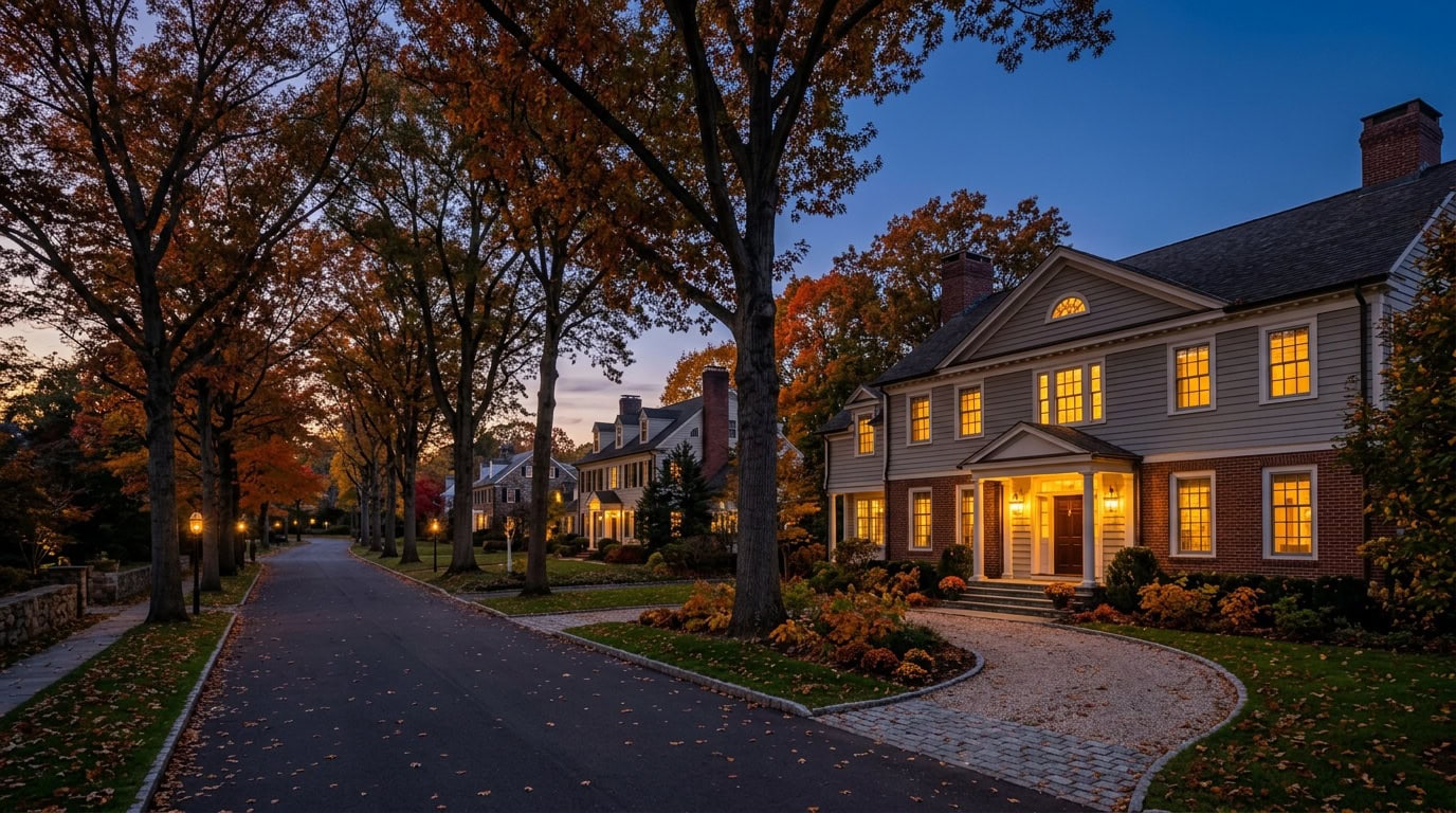 Westport, CT — Westport at twilight — Colonial Revival estate homes with mature New England canopy and Long Island Sound coastal influence.