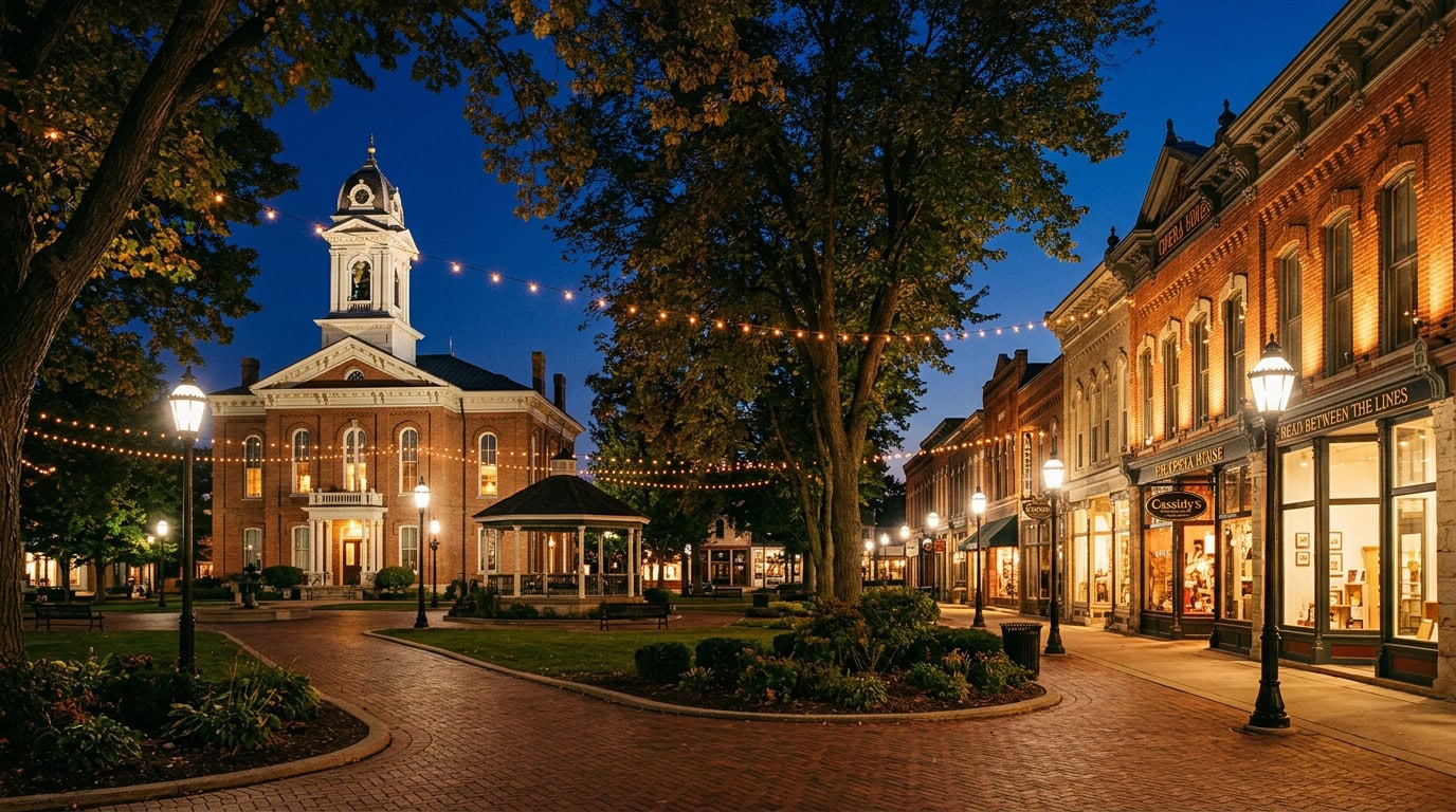 Woodstock, IL — The historic Woodstock town square — Victorian brick storefronts surrounding the 1857 county courthouse.